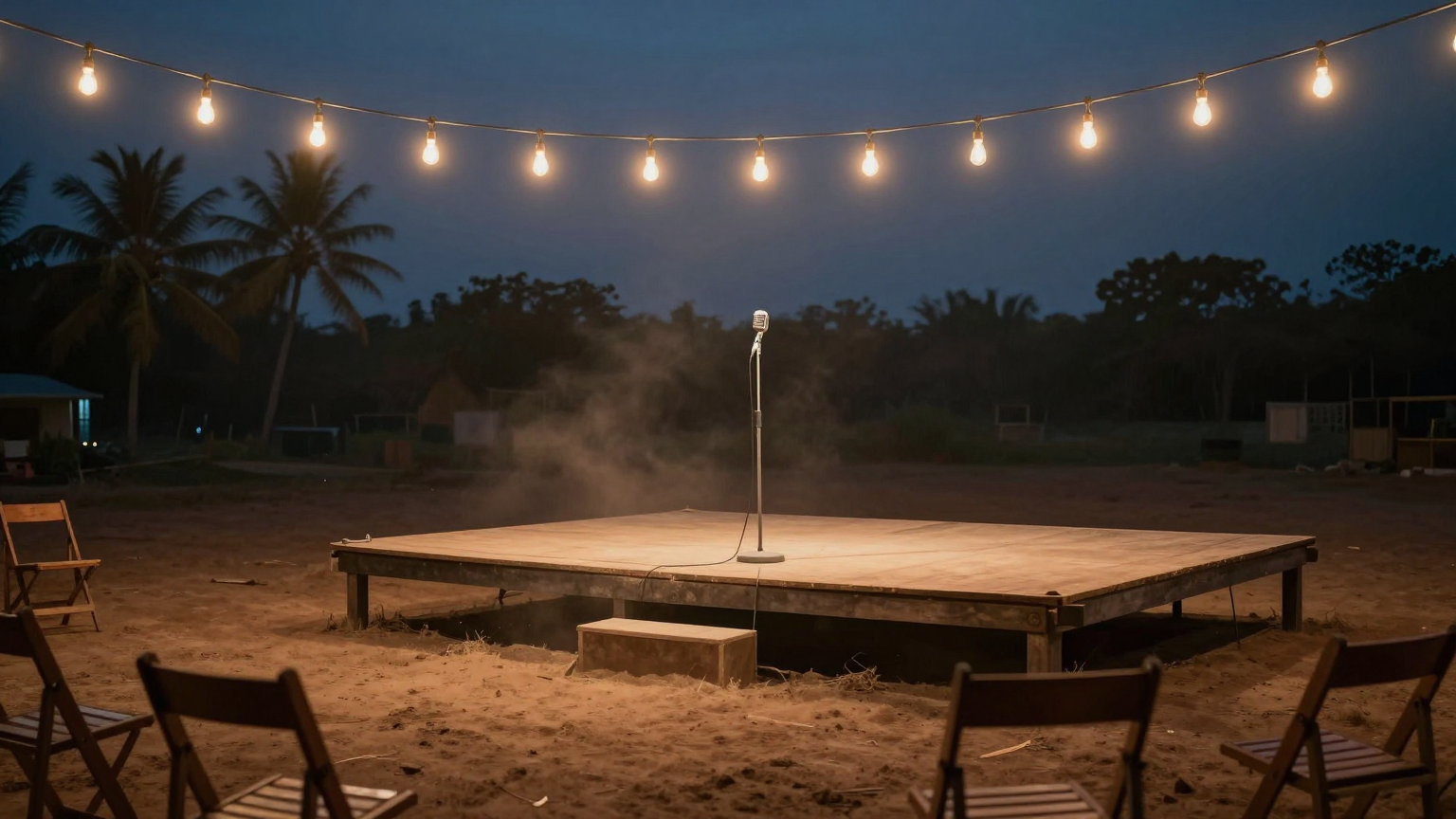 An empty 1950s South Indian public meeting stage at dusk — a bare wooden platform with a single vintage chrome microphone on a tall stand, strings of bare filament bulbs overhead, empty dirt ground wi