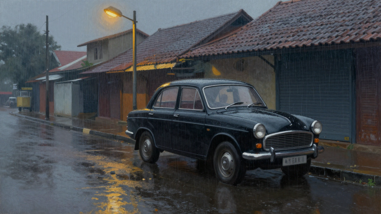 A rain-soaked Madras street at dusk in the late 1960s, seen from the pavement. A black Ambassador car stands parked at the kerb, its door slightly ajar, empty. Headlights and a single sodium street la