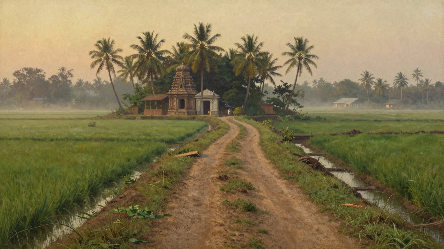 A Tamil Nadu delta village at first light in the 1960s — a narrow mud path curving between flooded paddy fields, a small stone temple gopuram half hidden behind coconut palms in the distance, an irrig
