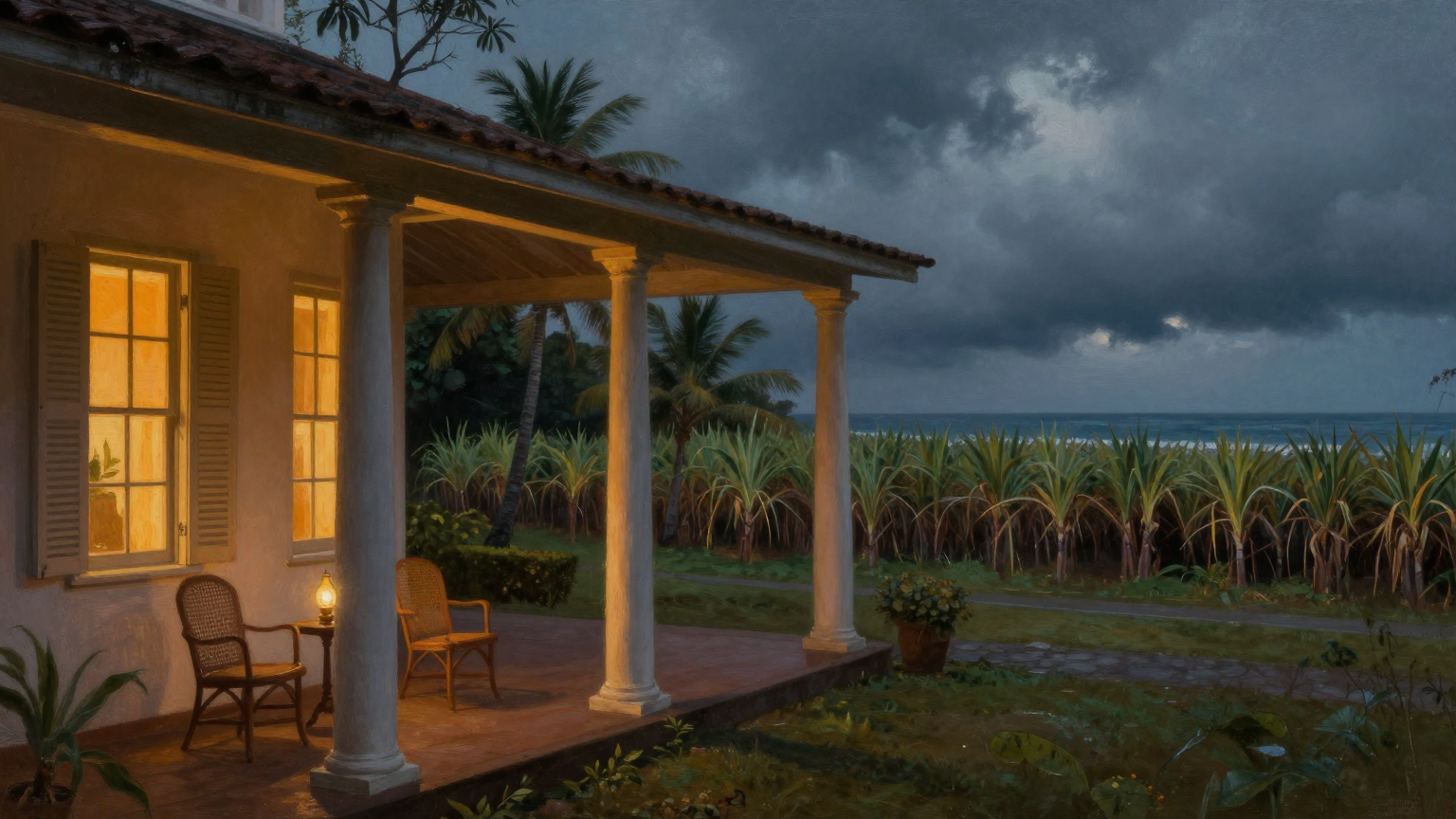 A grand colonial-era plantation mansion on the island of Mauritius at dusk, viewed from the garden. Wide empty veranda with white columns and two empty cane chairs, oil lamps just lit glowing warm amb