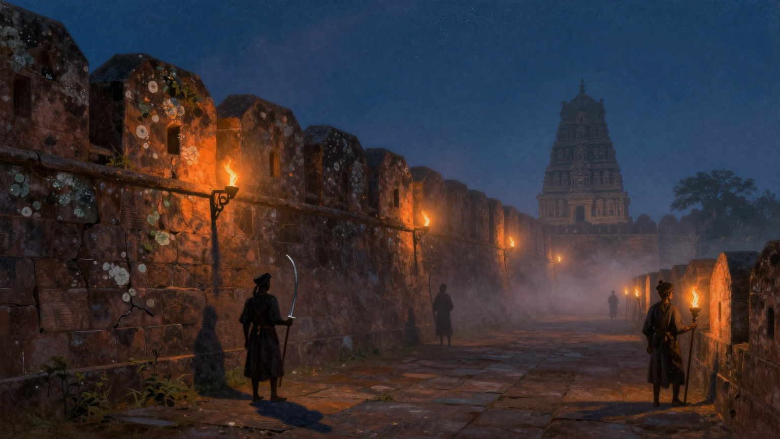 A misty pre-dawn view of the colossal medieval Madurai fort wall in Tamil Nadu, India, circa 17th century. Massive weathered stone ramparts 