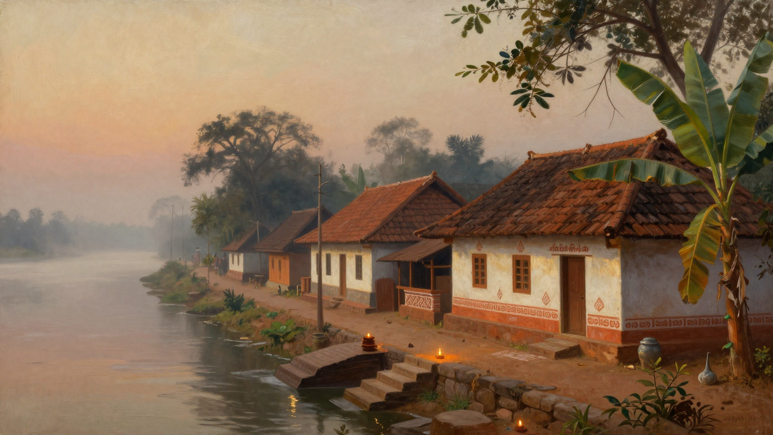 A misty pre-dawn scene on the banks of the Kaveri river in 1960s rural Thanjavur, Tamil Nadu. A traditional South Indian agraharam street recedes into soft fog — terracotta-tiled roofs, whitewashed wa