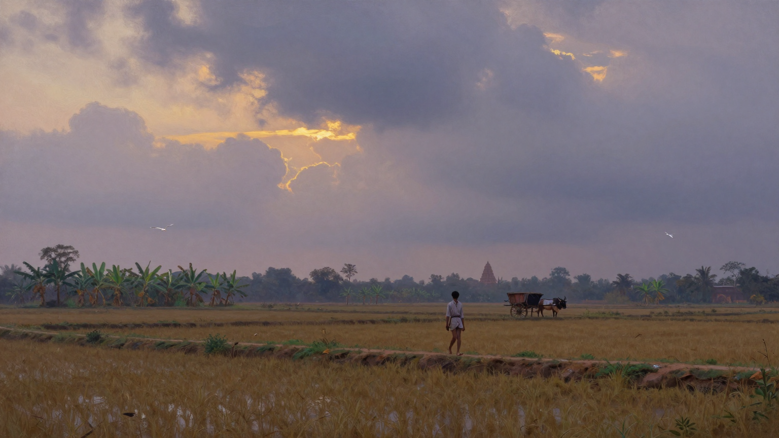 A pre-dawn rural Tamil Nadu landscape in the early 1970s, vast monsoon clouds in muted grey-violet and indigo sweeping across a wide horizon, the first thin streak of golden sunrise breaking through c