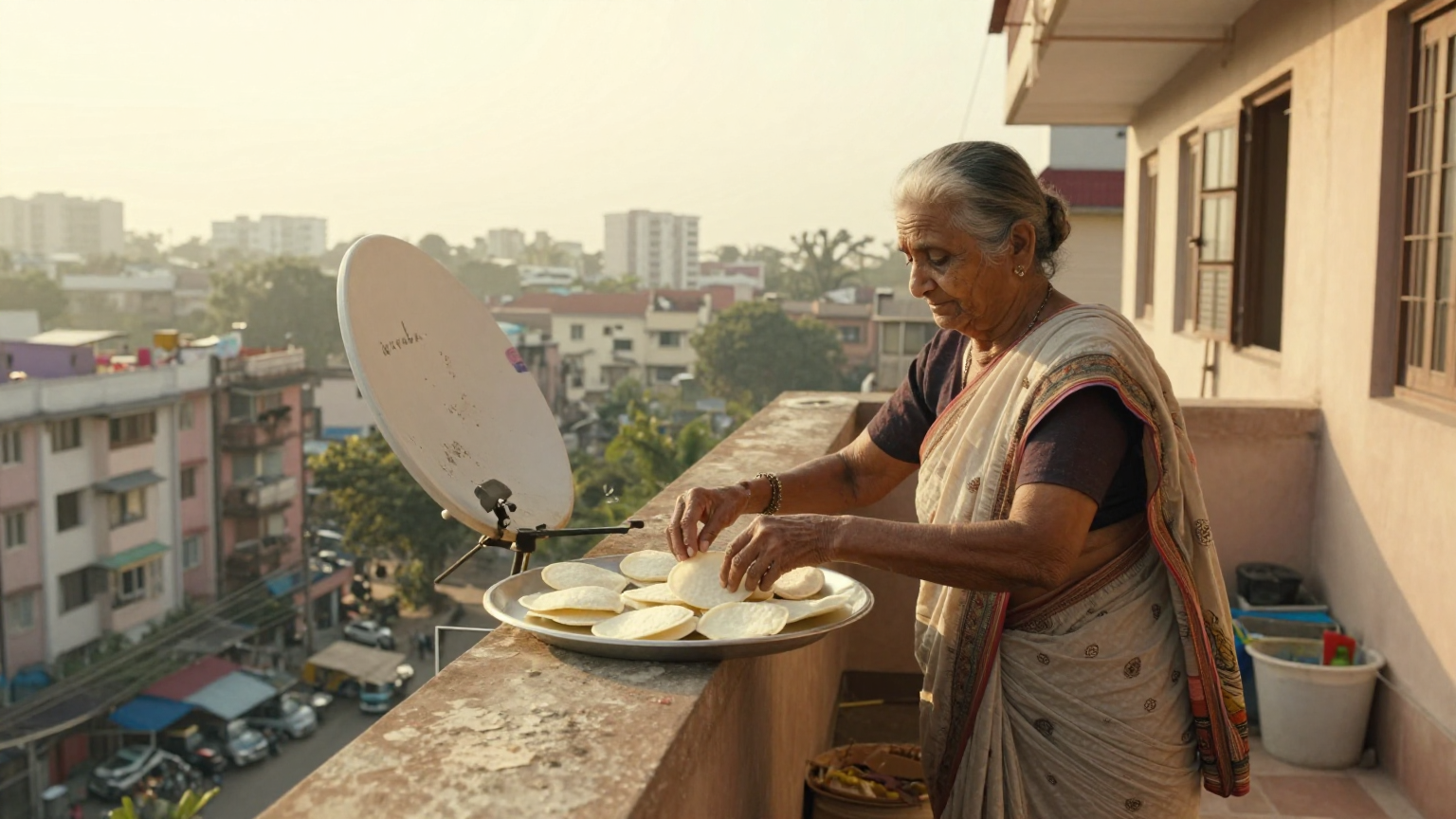 A mid-2000s Tam-Brahm middle-class apartment terrace in Alwarpet, Chennai, late morning light. A frail elderly grandmother in a traditional nine-yards madisar saree is gently arranging round white sun