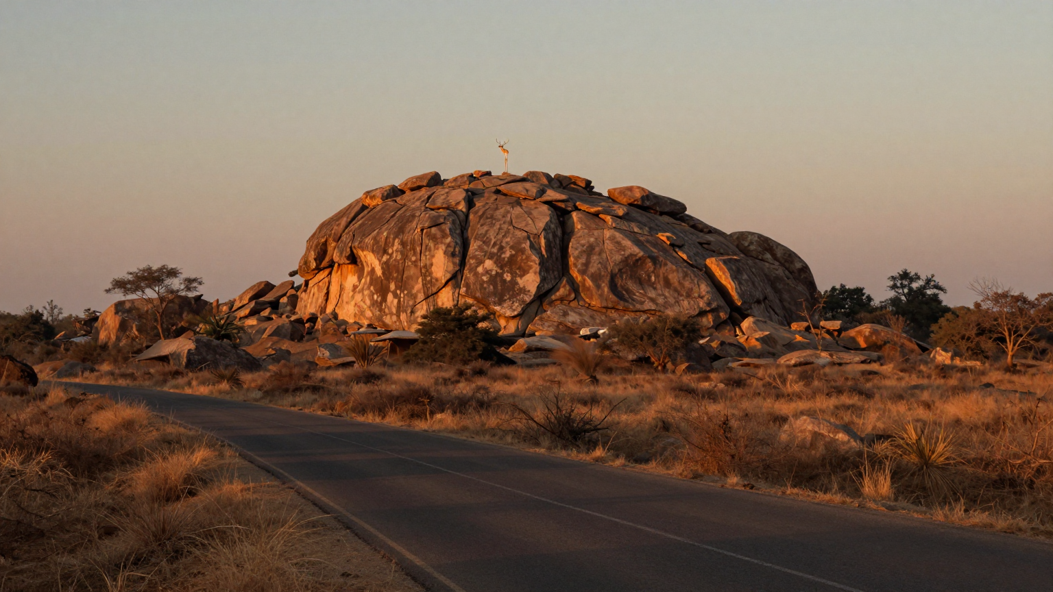 A strange granite hill on a rural South Indian road at golden hour, its rock formation resembling a standing deer when seen from afar, the illusion dissolving as light shifts; warm dusk colours, long 