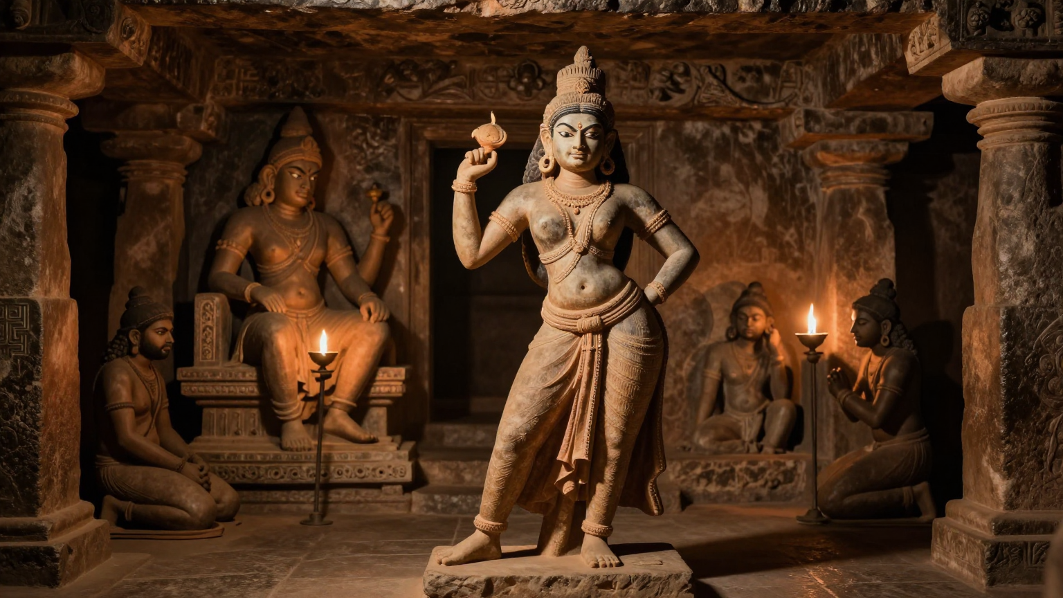 A 7th-century Pallava temple dancer standing defiant mid-pose in the torch-lit sandstone court of Vatapi, her expression fierce and unbowed; in the shadowed background a cruel Chalukya emperor seated 