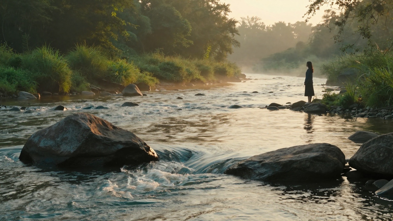 A serene river at dawn flowing steadily around large rocks, soft golden morning light, misty atmosphere, lush green riverbank with a lone silhouette of a woman standing at the water's edge looking ahe