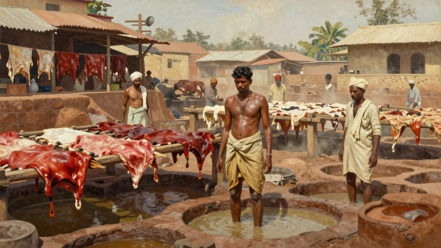 A 1960s south Indian leather tannery in Dindigul at midday — weathered laborers standing waist-deep in lime and tanning pits, raw cattle hides stretched on wooden frames drying in harsh sunlight, eart