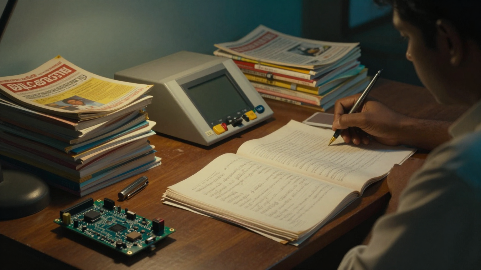 A 1990s Tamil writer's wooden desk at dusk in Chennai, warm lamplight, a fountain pen resting on stacks of handwritten Tamil manuscript pages beside an open electronics circuit board and a small votin