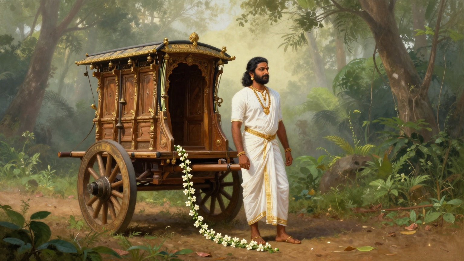 A Sangam-era Tamil chieftain in white cotton garments and simple gold ornaments standing beside an ornate wooden chariot left at the edge of a misty forest, a delicate jasmine creeper trailing on the 