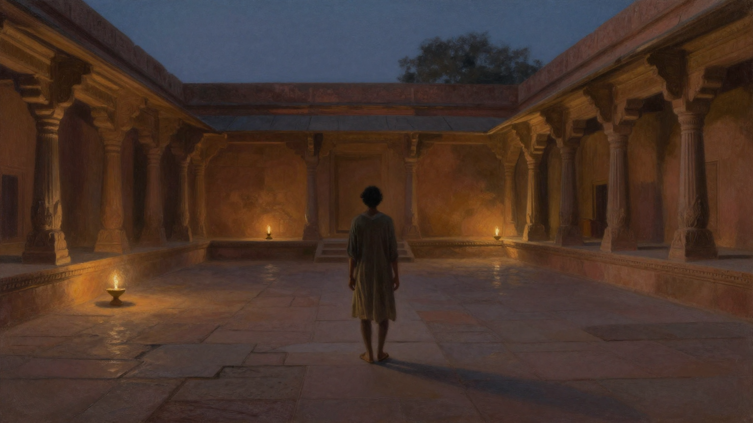A lone silhouetted figure in humble servant's clothing standing in the vast stone courtyard of an ancient Indian palace at twilight, distant oil lamps glowing warm amber against deep indigo dusk, weat