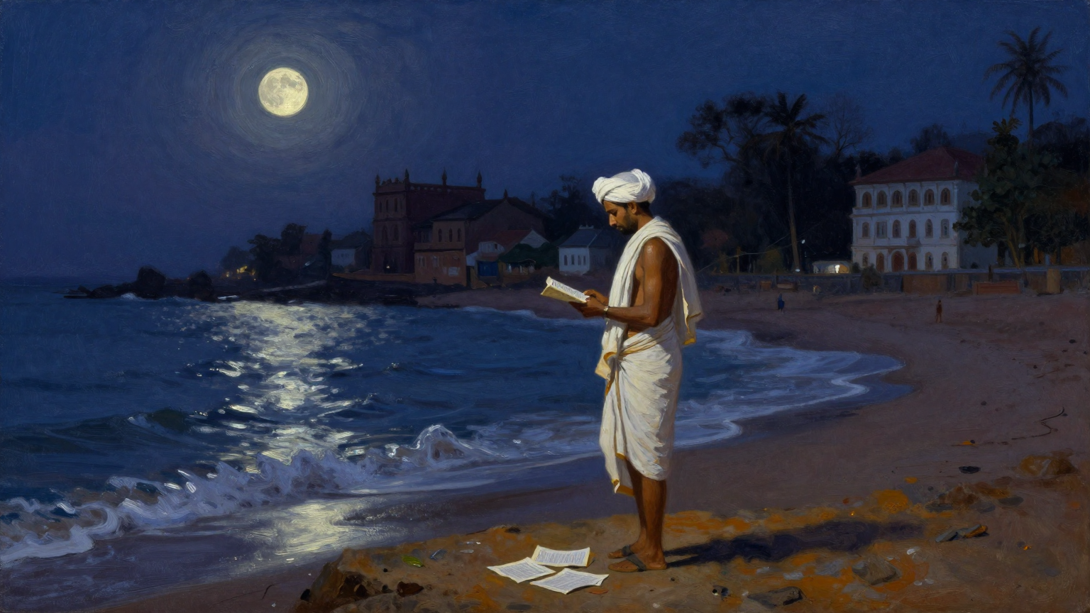 A solitary poet in a white turban and dhoti standing at the edge of a moonlit seashore at Pondicherry, manuscript pages scattered at his feet, waves catching silver light, the silhouette of a colonial