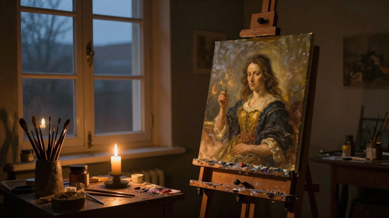 An artist's dim studio at dusk, a single candle and a north-facing window casting warm amber light across an unfinished oil painting on a wooden easel, scattered brushes and pigment jars, the glow fal