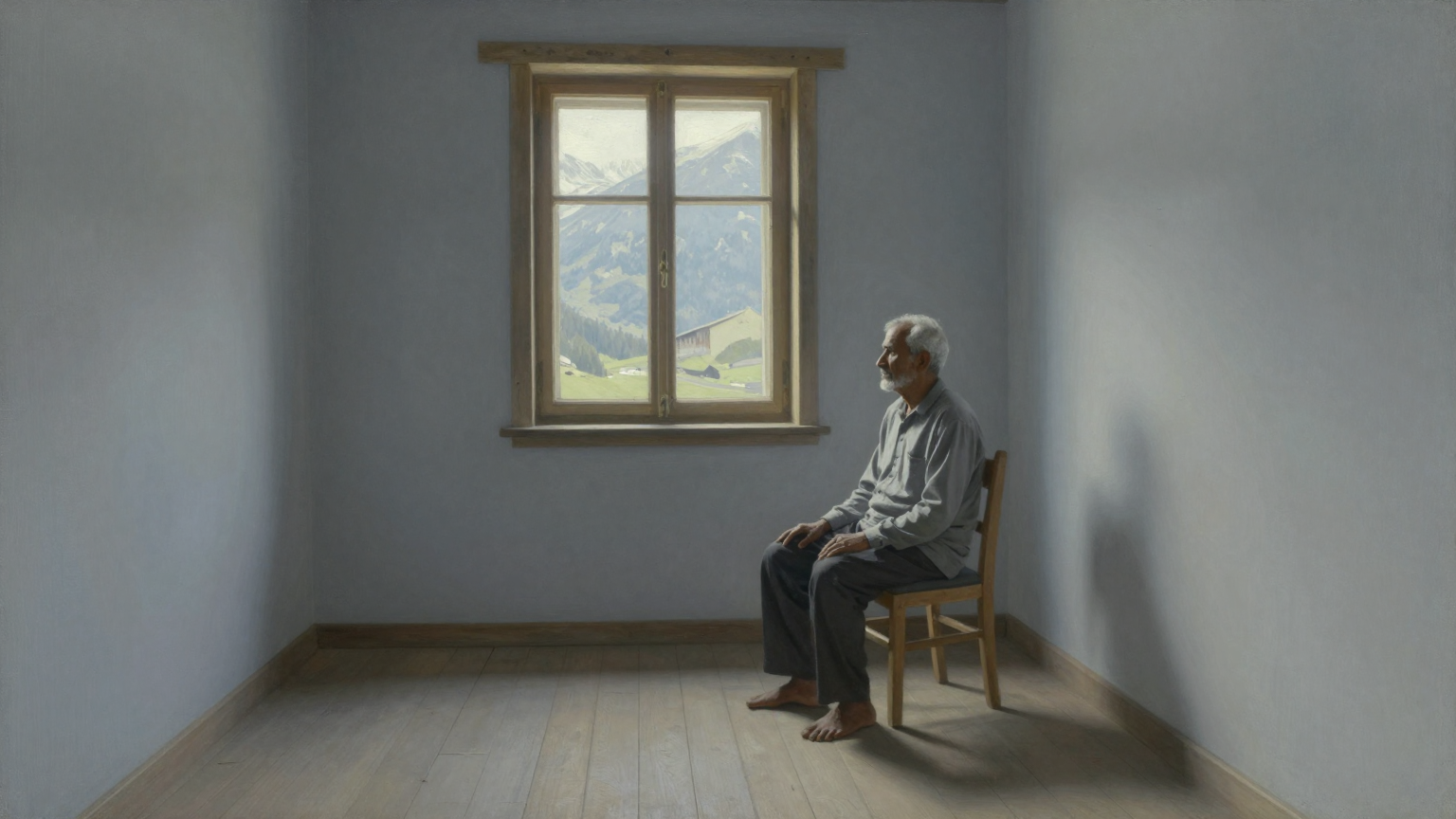 A solitary elderly Indian man in a plain shirt seated alone on a simple wooden chair beside a tall window in a sparse Swiss chalet room, soft alpine morning light falling across the bare wooden floor,