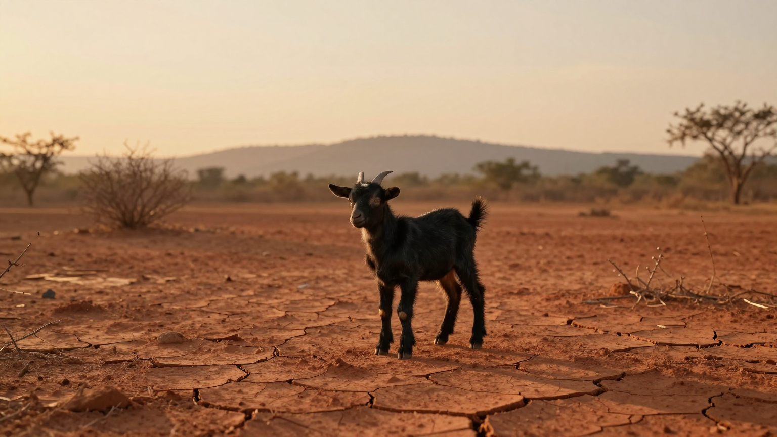 A tiny frail black goat kid standing alone in a vast arid drought-stricken farmland of southern Tamil Nadu at golden dusk, cracked red earth, thorny scrub, distant low hills, warm amber and dusty ochr