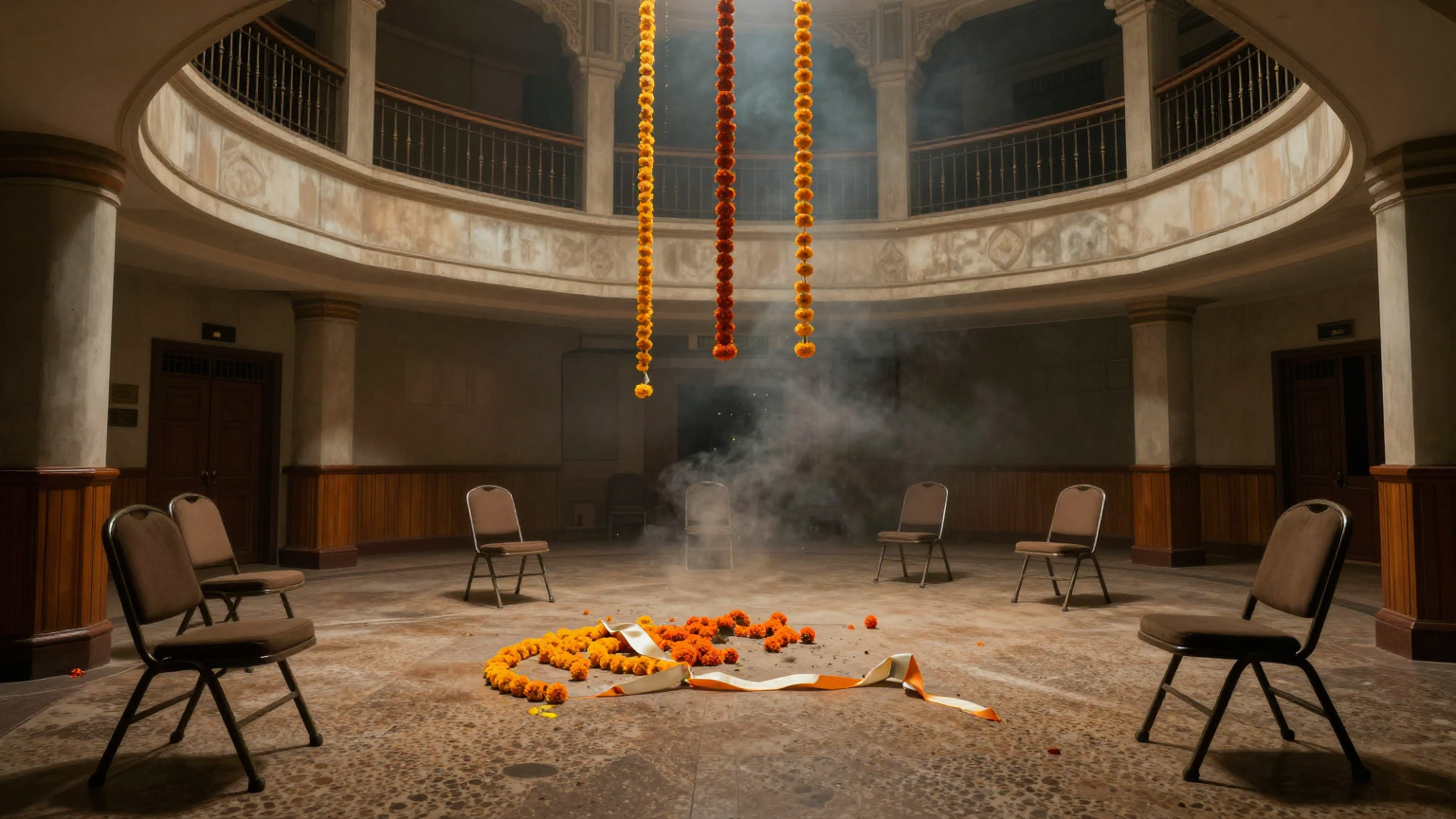 A grand newly-built arts auditorium foyer in 1984 Madras at night, deserted moments after a small explosion — ceremonial marigold garlands hanging askew, a snapped inaugural ribbon on the floor, overt