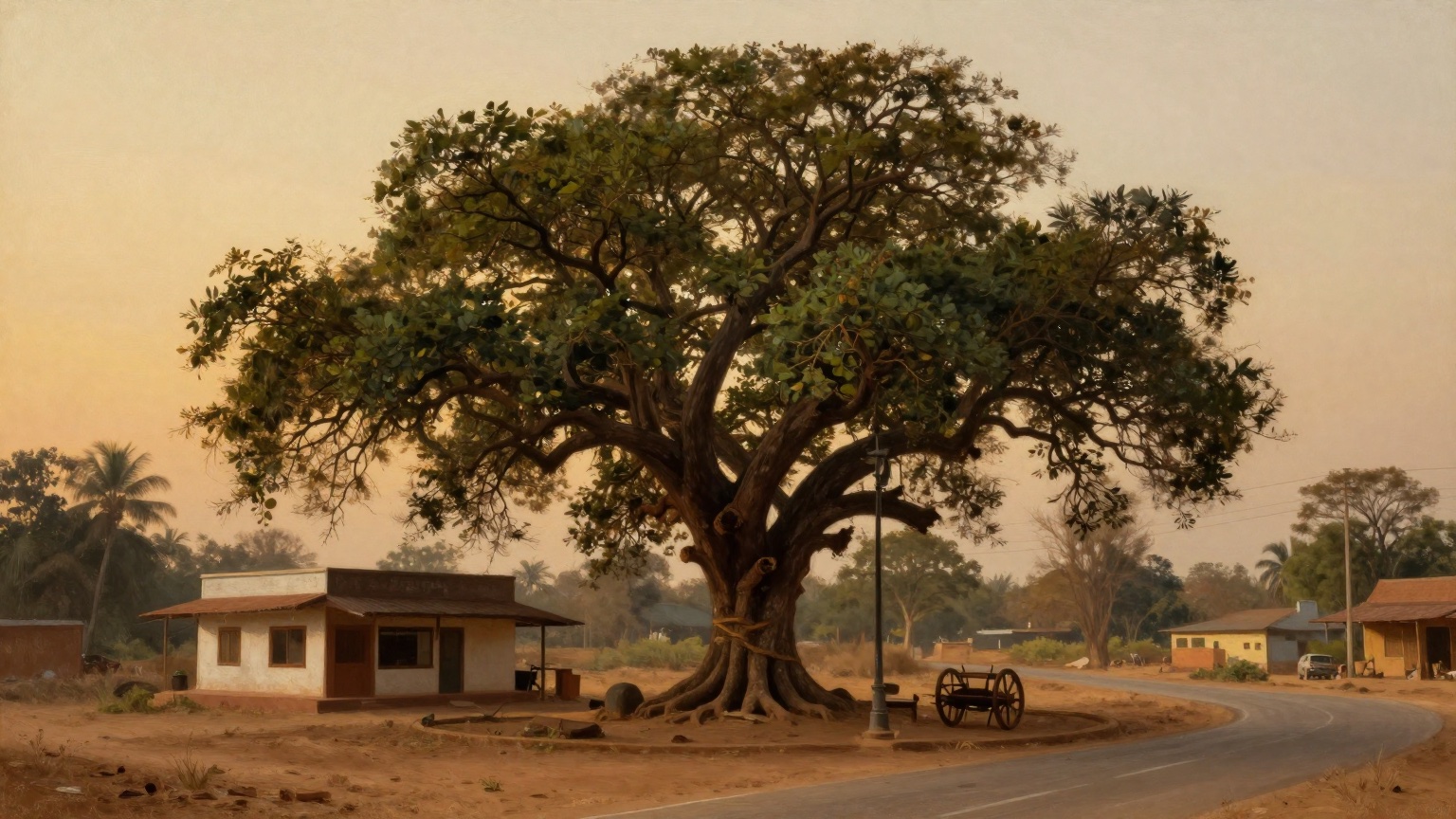 A massive, ancient tamarind tree standing alone at a dusty road junction in a small South Indian town in the 1950s, its gnarled branches spreading wide against a fading amber dusk sky, a low whitewash