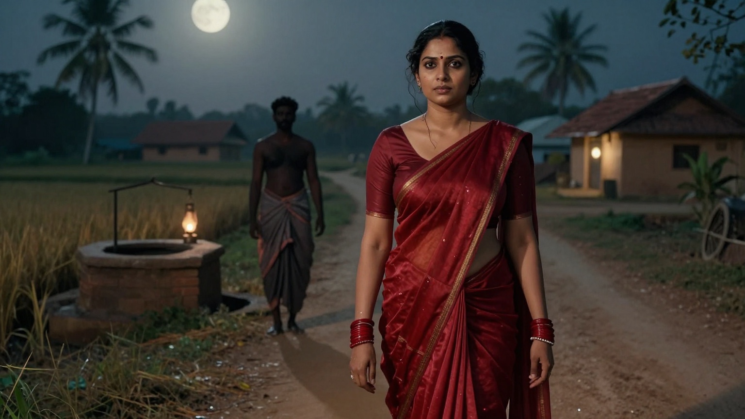 Moonlit 1930s rural Tamil Nadu scene with an adult woman in a red saree and an outlaw standing at a distance.