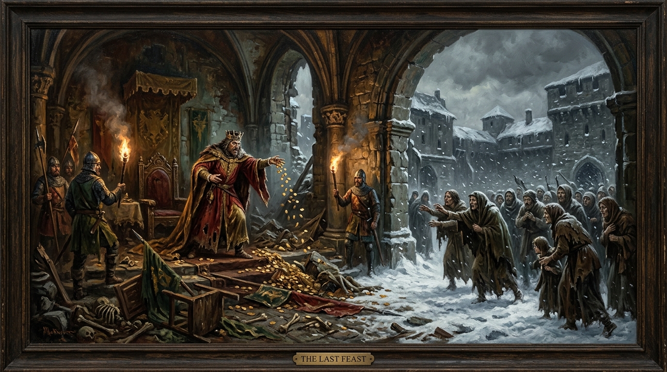 A grand chaotic medieval banquet hall in ruins, a tyrannical king tossing coins while peasants outside are starving in snow, oil painting style, hyper-detailed, gloomy and atmospheric