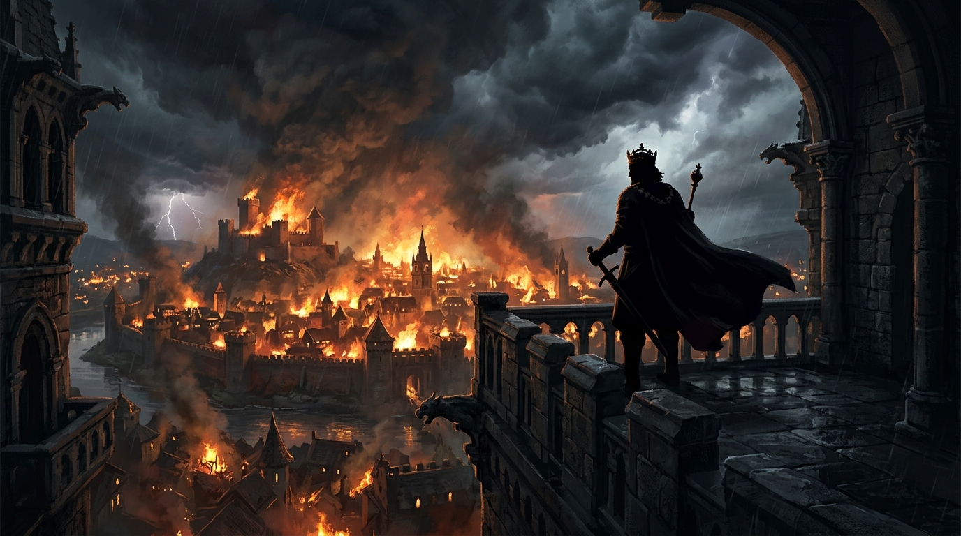 A silhouette of an ancient emperor standing on a high balcony overlooking a burning medieval city, stormy dramatic sky, cinematic lighting, conceptual art
