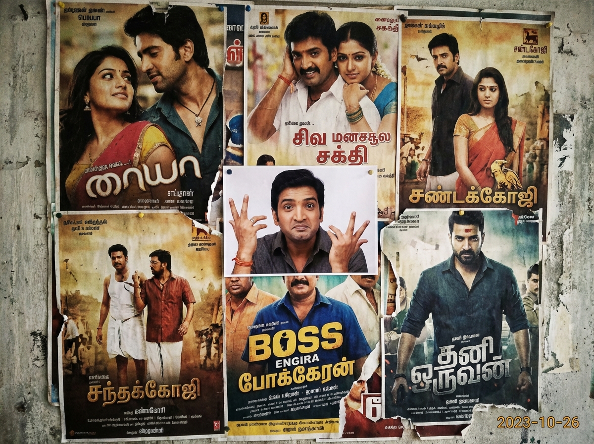 A collage of Tamil movie posters from the 2000s-2010s, featuring 'Paiyaa', 'Siva Manasula Sakthi', 'Sandakozhi', 'Boss Engira Bhaskaran', and 'Thani Oruvan'. In the center, a picture of comedian Santhanam gesturing comically.