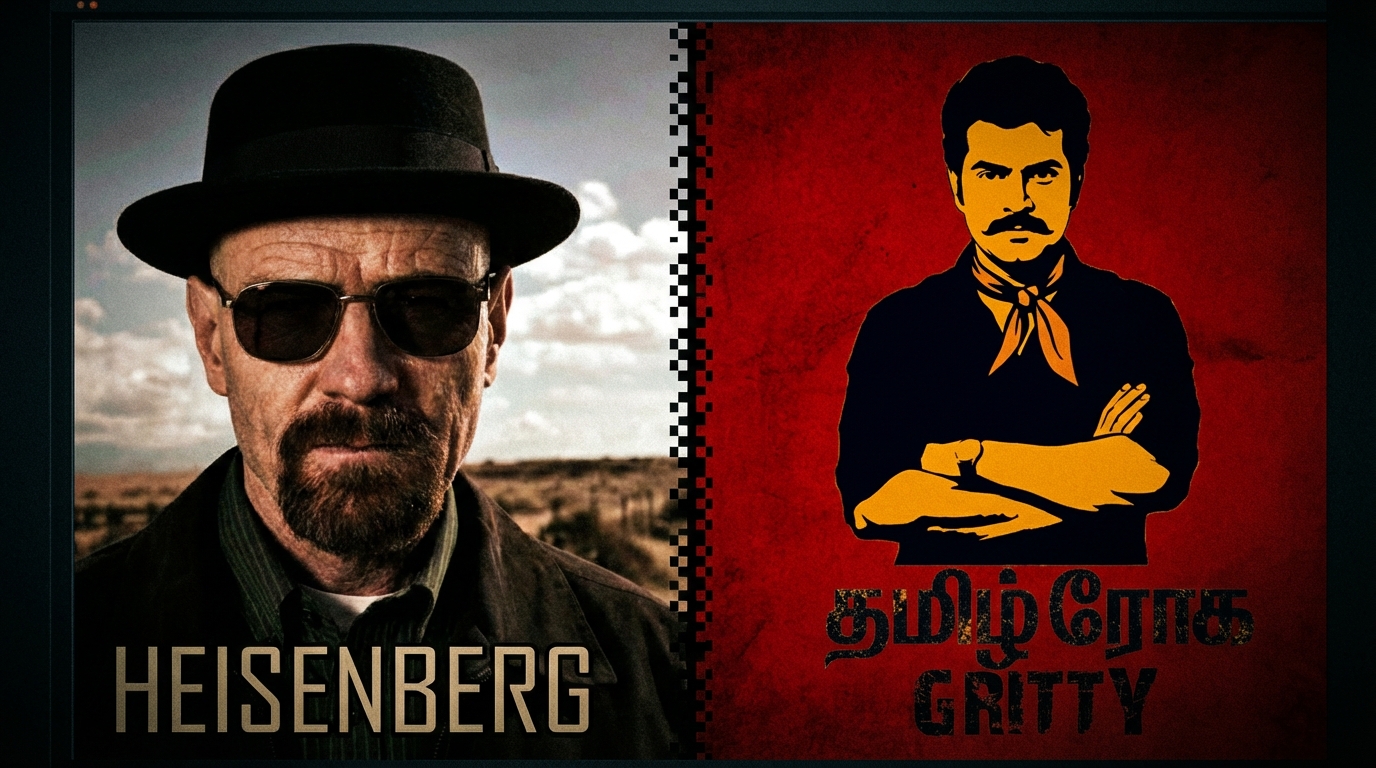 A split screen image. On the left, Walter White in his Heisenberg hat and glasses. On the right, a stylized silhouette of a Tamil movie hero in a similar pose, with a dark, gritty filter.