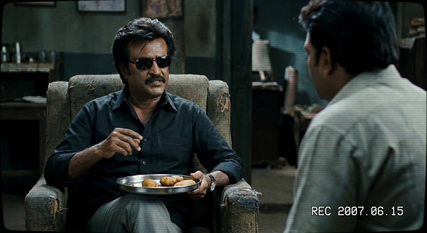 A still shot from the movie Sivaji: The Boss, showing Rajinikanth sitting calmly in a chair, holding a plate of bajjis and talking to the villain Suman. The focus is on Rajinikanth's confident and intimidating expression.