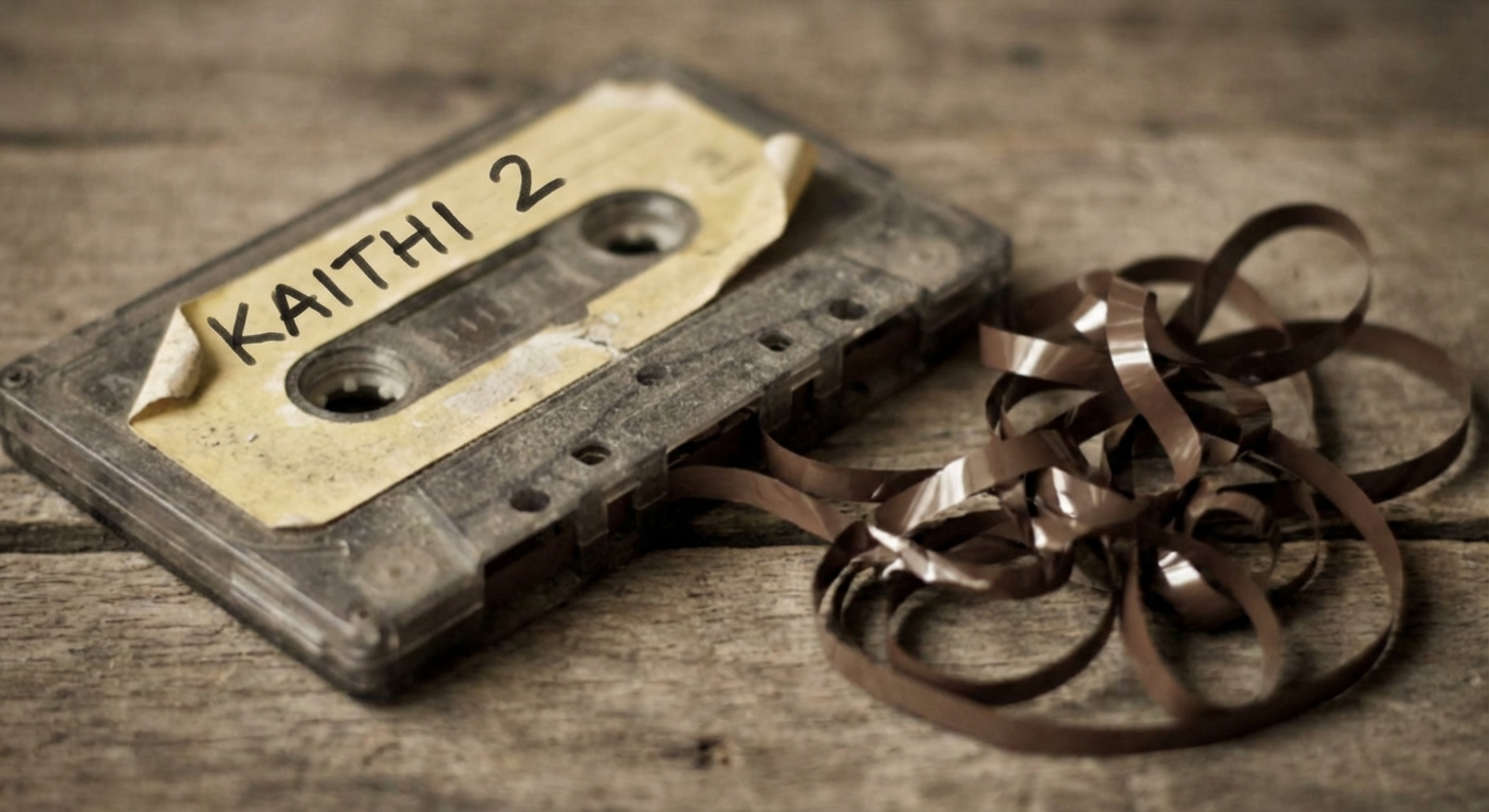 A worn-out, dusty audio cassette tape with the label "Kaithi 2" peeling off. The tape is unspooled and tangled, symbolizing a broken promise.