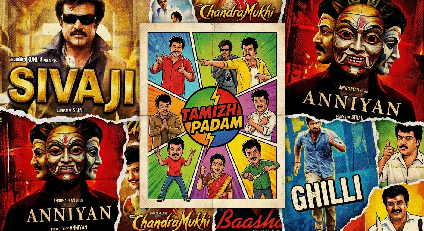 A vibrant collage of classic Tamil movie posters like Sivaji, Anniyan, and Ghilli, with the Tamizh Padam poster in the center, illustrating the films it parodies.