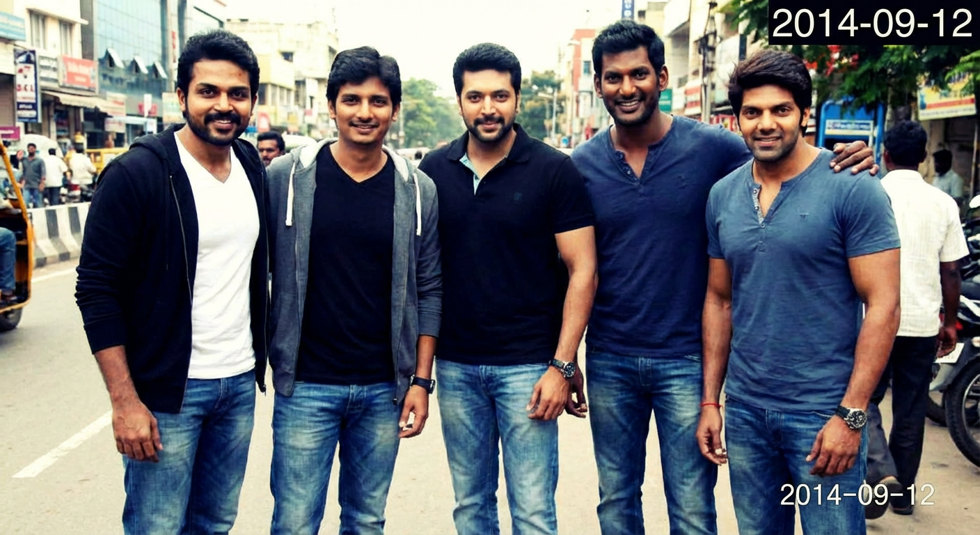 A group photo of five Kollywood actors from the 2010s: Karthi, Jiiva, Jayam Ravi, Vishal, and Arya, standing together in casual attire.
