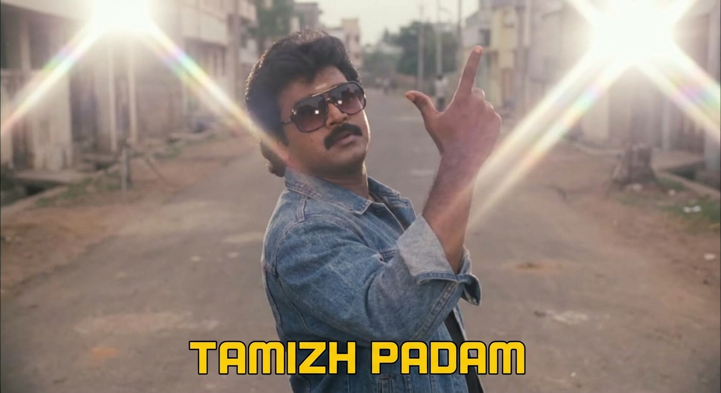 A still from the movie Tamizh Padam, showing the hero Shiva in a dramatic, over-the-top pose, spoofing typical Kollywood hero introductions with lens flares and a low-angle shot.
