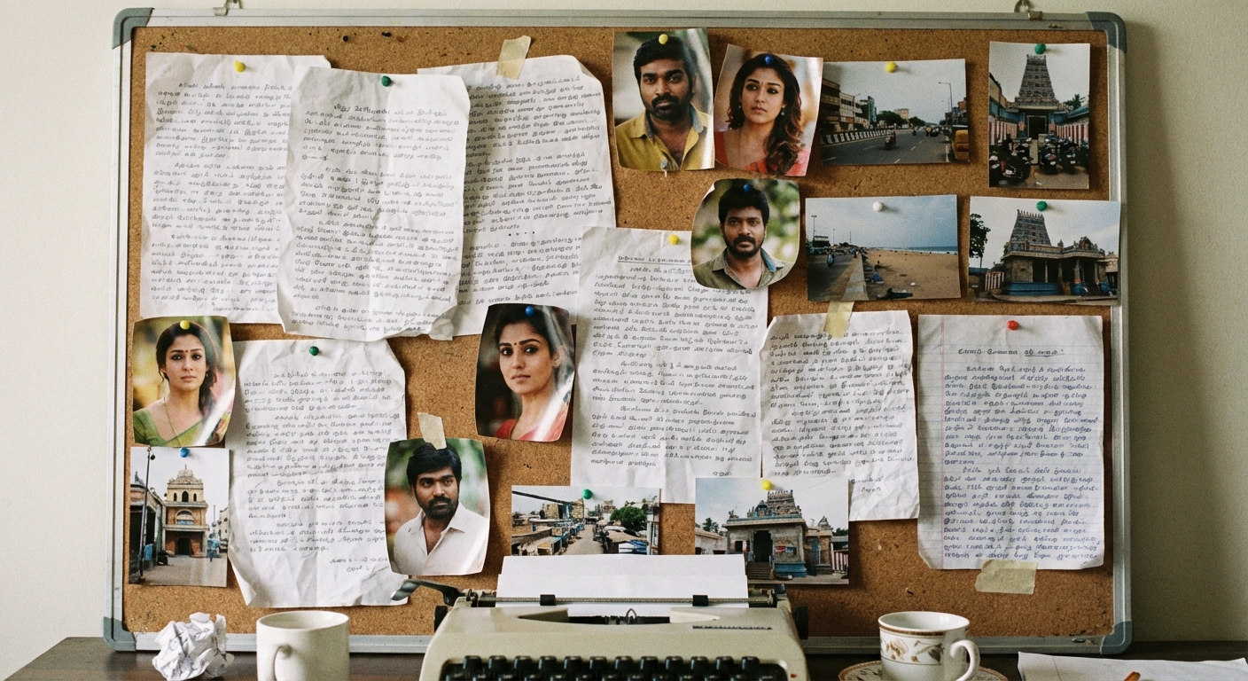 A cluttered corkboard in a writer's room, covered with Tamil script pages, character photos of local actors, and location shots from Chennai, conspicuously free of any 'Breaking Bad' imagery.